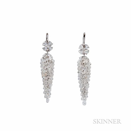 Platinum and Diamond Briolette Earrings, designed as a cascade of diamond briolettes, lg. 2 1/8 in.