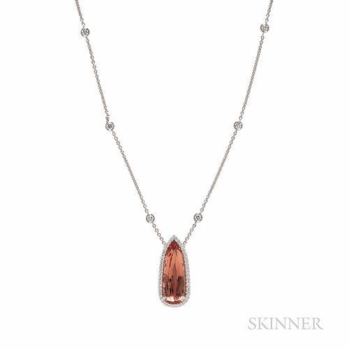 18kt White Gold, Topaz, and Diamond Pendant and Chain, set with a pear-shape topaz weighing 11.57 cts., framed by full-cut diamonds, an