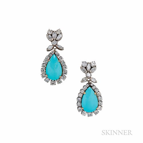 18kt White Gold, Turquoise, and Diamond Earclips, the turquoise drops framed by full-cut diamonds, suspended from marquise- and full-cu