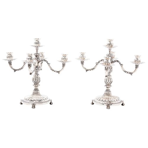 Pair of Candlesticks, Mexico, 20th century, ORTEGA Sterling Silver 0.925, Arms with acanthus-style designs, 6716 g