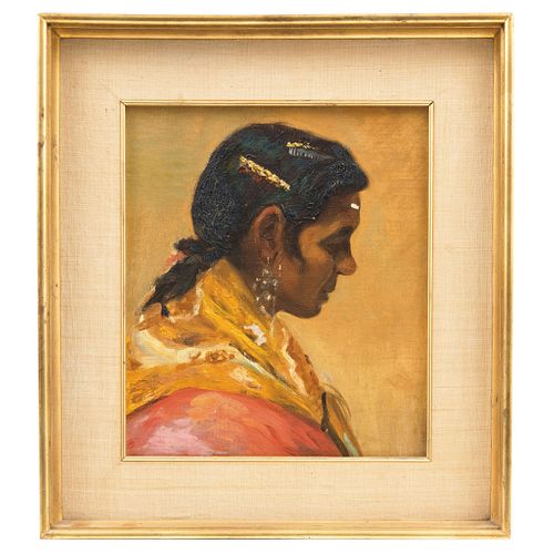 ARMANDO GARCÍA NÚÑEZ (MÉXICO, 1883-1965) RETRATO DE GITANA, Oil on canvas adhered to wood, Unsigned, 14.7 x 12.7" (37.5 x 32.5 cm)