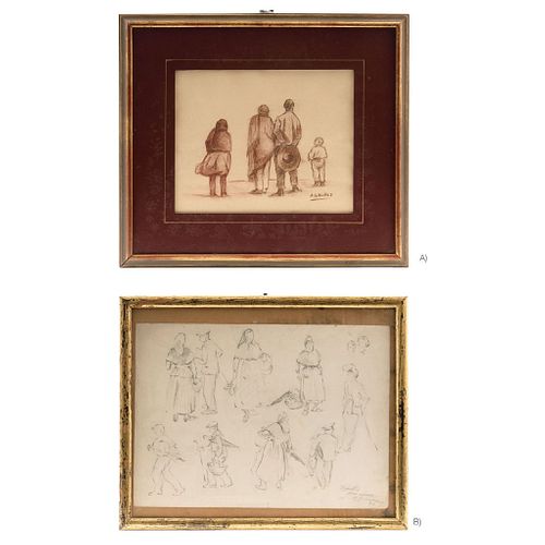 ARMANDO GARCÍA NÚÑEZ A) PERSONAJES DE ESPALDAS, Sanguine on paper, B) RAMBLA,BARCELONA, Pencil on paper, 9.4 x 12.9" (24 x 33 cm)