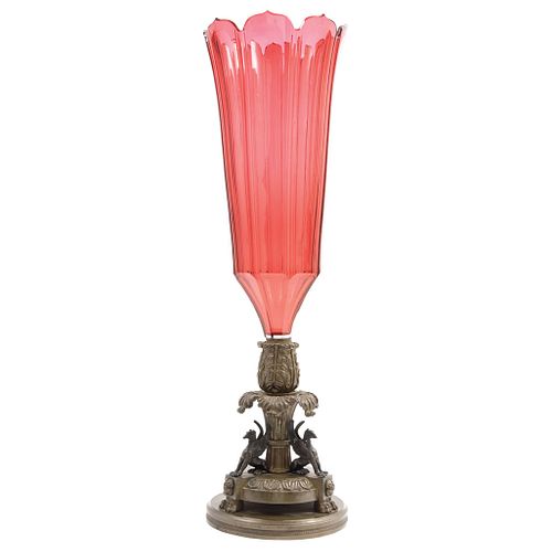 VASE, FRANCE, 19th century, IMPERIAL Style, Made of red glass and bronze; faceted tank with compound wavy edges.