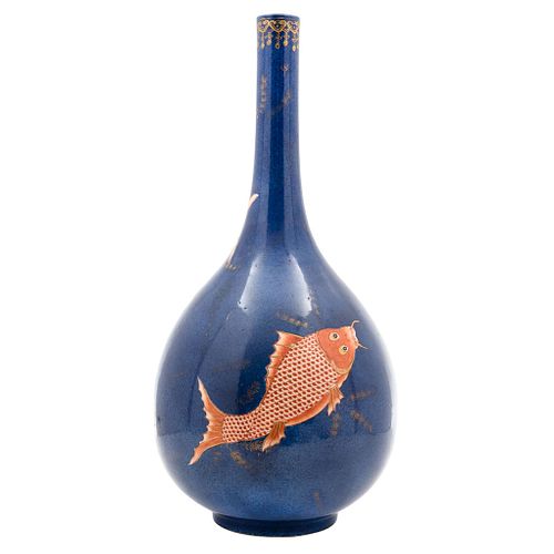 VASE, CHINA, 18th century, YUHUCHUNPING*  STYLE, Made in light blue porcelain, hand-decorated with figures of Koi fish, 17.3" (44 cm)