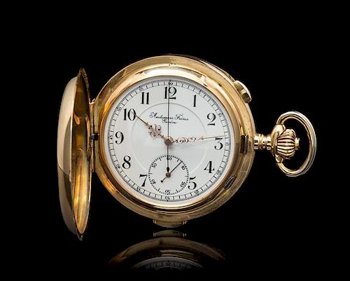 * A 14 Karat Yellow Gold Hunter Case Chronograph Quarter Repeating Pocket Watch, Audemars Freres,