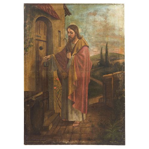 PASCUAL ORTEGA (MÉXICO, XIX-XX centuries), JESÚS LLAMANDO A LAS PUERTAS DEL PECADOR, Oil on canvas, 41.3 x 29.5" (105 x 75 cm)