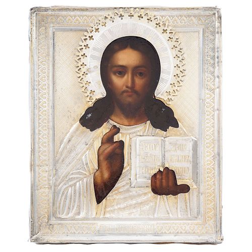 ICON, RUSSIA, 19th century, CRISTO PANTOCRATOR, Oil on wood, silver, Conservation details, 7 x 5.7" (18 x 14.5 cm)