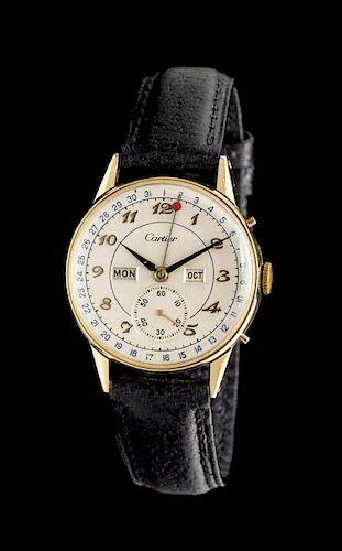 A 14 Karat Yellow Gold Calendograph Wristwatch, Movado for Cartier,
