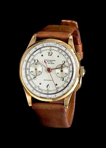 * An 18 Karat Rose Gold Antimagnetic Chronograph Wristwatch, Chronographe Suisse,