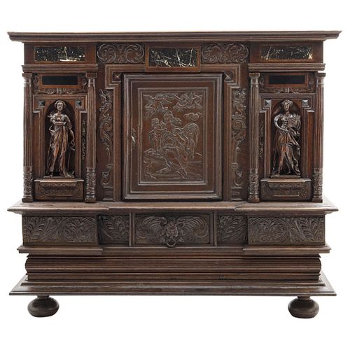 CABINET, FRANCE, 19th century, Made of wood, decorated with reliefs of acanthus, mermaids and cupid, 39.7 x 44.4 x 16.5" (101x113x42 cm)