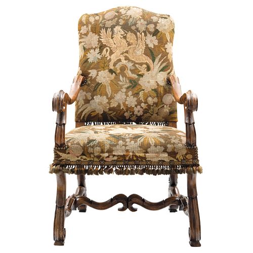ARMCHAIR, FRANCE, 19th century, Made of wood, arms and supports in curved design, petit-point upholstery, 44 x 24.8 x 19.6" (112x63x50 cm)