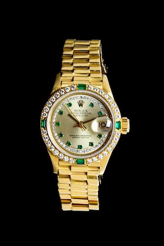 An 18 Karat Yellow Gold, Diamond and Emerald Ref. 69138 Oyster Perpetual Datejust Wristwatch, Rolex,