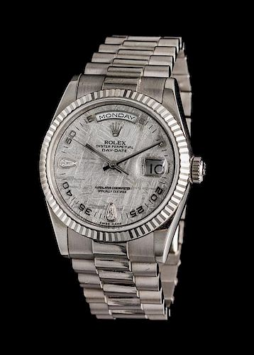 An 18 Karat White Gold and Diamond Ref. 118239 Oyster Perpetual Day-Date Wristwatch with Meteorite Dial, Rolex, Circa 2001,