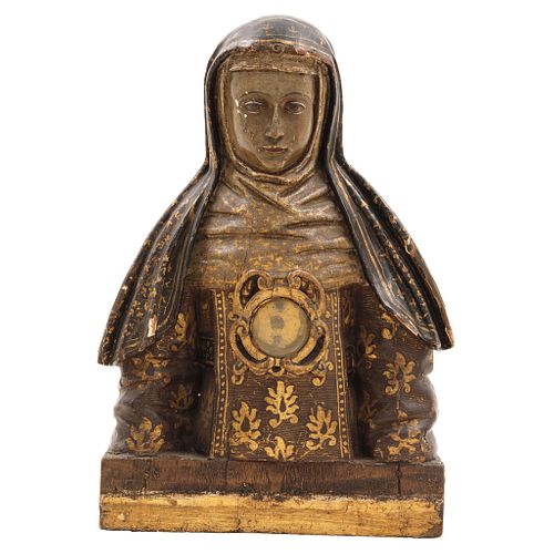 BUSTO DE SANTA TERESA DE JESÚS, MÉXICO, 18th century, Carved in polychrome wood, Decorated with reliquary, 15.3" (39 cm) in height