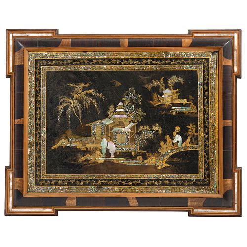 PANEL, CHINA, 18th century, In lacquered and gilded wood, with mother of pearl inlays, decorated with Oriental scene, 18.1 x 22.8" (46 x 58 cm)
