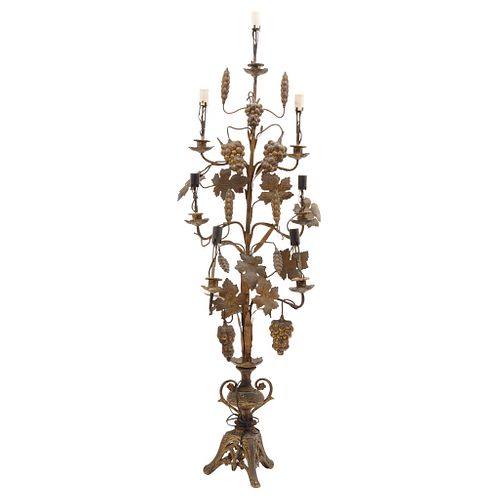 CANDLE HOLDER, MÉXICO, 20th century, Cast bronze and gilt metal, decorated with vines, wheat, and plant elements, 43.7" (111 cm)