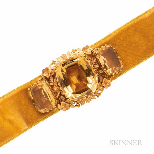 Antique Bicolor Gold and Citrine Slide, prong-set with three cushion-cut citrines, framed by floral and foliate motifs, 2 x 1 1/8 in.