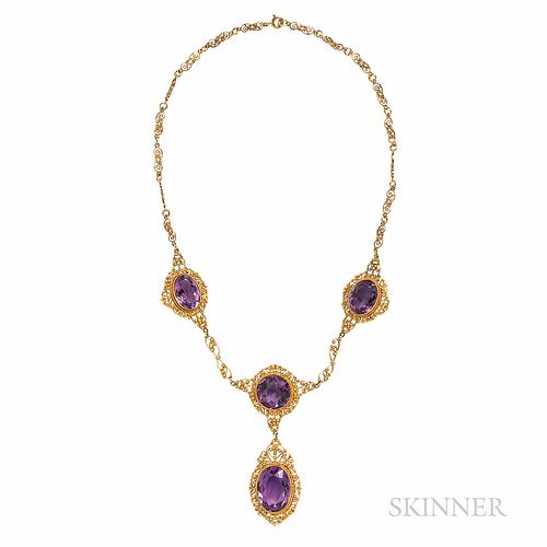Antique Gold and Amethyst Necklace, in fine filigree mounts, lg. 16 1/4, the drop 2 5/8 in.