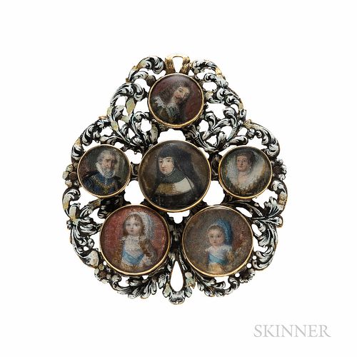 Portrait Miniature and Enamel Pendant, probably late 17th/early 18th century, set with six miniatures of elegantly attired figures from