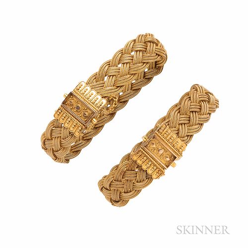 Pair of Victorian Gold Bracelets, each designed as a fine braid, clasps with bead and ropework accents, 34.2 dwt, interior cir. 6, wd.