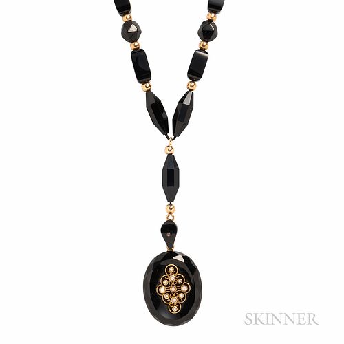 Victorian Gold and Onyx Necklace, the faceted onyx locket with gold and split pearl mount, suspended from a necklace of onyx and gold b