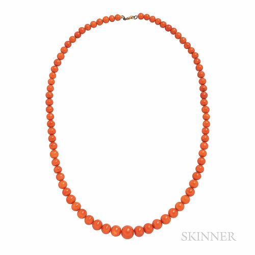 Antique Coral Bead Necklace, the beads graduating in size from approx. 4.70 to 8.30 mm, lg. 14 1/2 in.