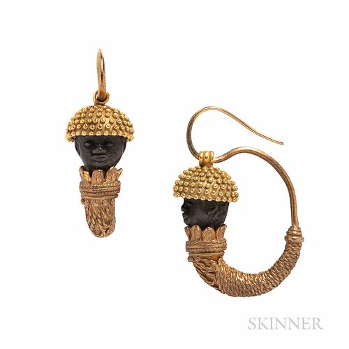 Antique Blackamoor Earrings, after a design by Castellani, and based on 4th century B.C.E. prototypes, 1 1/2 x 1 in.