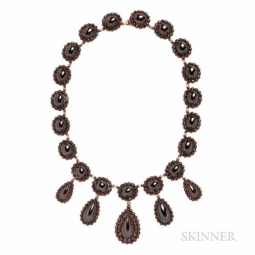 Antique Garnet Necklace, set with carbuncles framed by rose-cut garnets, suspending drops, lg. 16 1/2 in.