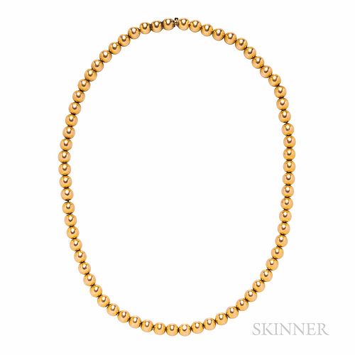 14kt Gold Bead Necklace, each bead measuring approx. 6.40 mm, 10.0 dwt, lg. 16 3/4 in.