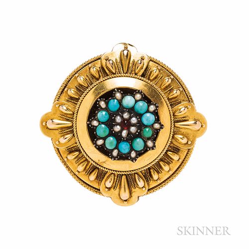 Victorian Gold and Turquoise Brooch, composed of antique elements, the associated central silver and cabochon turquoise section with pe