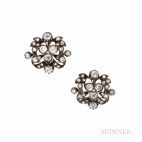 Diamond Earrings, composed of antique elements, set with old mine-cut diamonds, approx. total wt. 1.50 cts., silver and gold mounts, 7/
