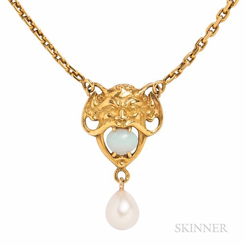 18kt Gold, Opal, and Cultured Pearl Pendant, designed as a grotesque, clutching a cabochon opal in its teeth, and suspending a cultured