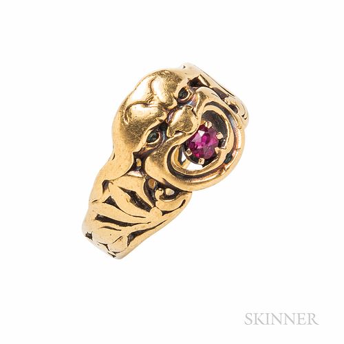 Antique 18kt Gold and Ruby Ring, depicting a grotesque, size 7 1/2.