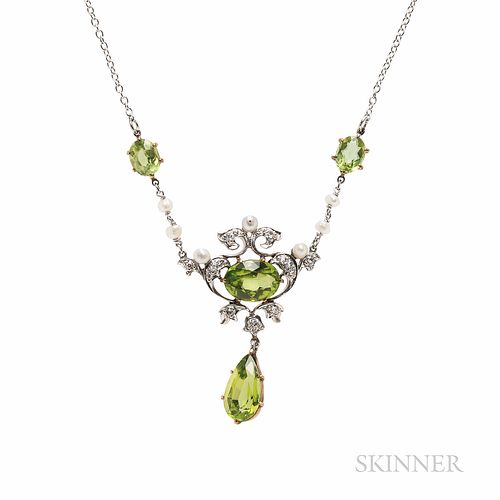 Edwardian Peridot, Diamond, and Pearl Necklace, with oval and pear-shape peridot, and old European-cut diamonds, platinum-topped gold m