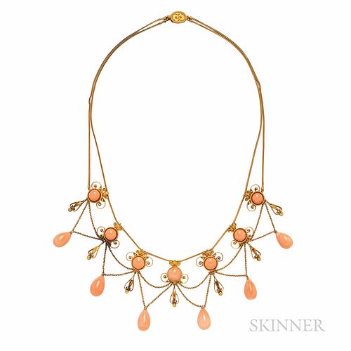 Antique Gold and Coral Festoon Necklace, set with coral beads and suspending drops, with swags of chain, and bead and ropework accents,