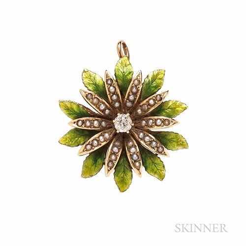 Antique 14kt Gold, Seed Pearl, Diamond, and Enamel Flower Pendant/Brooch, set with an old European-cut diamond, lg. 1 in.