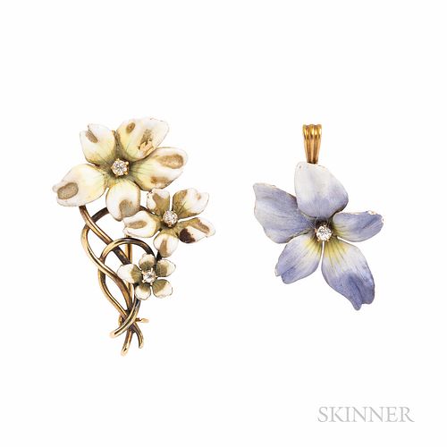 Two Art Nouveau 14kt Gold and Enamel Flower Brooches, with old European-cut diamond accents, 5.5 dwt, lg. 1 3/8, 15/16 in.