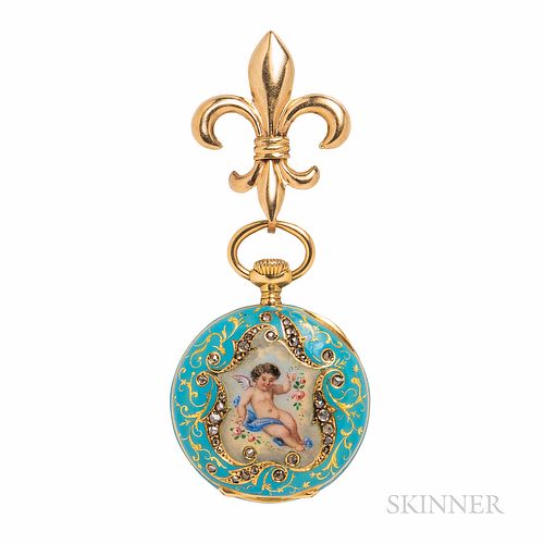 Antique 18kt Gold, Enamel, and Diamond Open-face Pendant Watch, depicting a cherub, with rose-cut diamonds, stem-wind, stem-set, 27 mm,