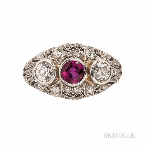 Art Deco Diamond and Gem-set Ring, bezel-set with a circular-cut red stone, and flanked by old European-cut diamonds, in a finely pierc