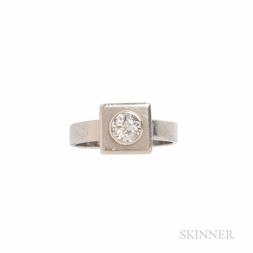 Platinum and Diamond Ring, bezel-set with an old European-cut diamond weighing approx. 0.60 cts., 4.5 dwt, size 8.