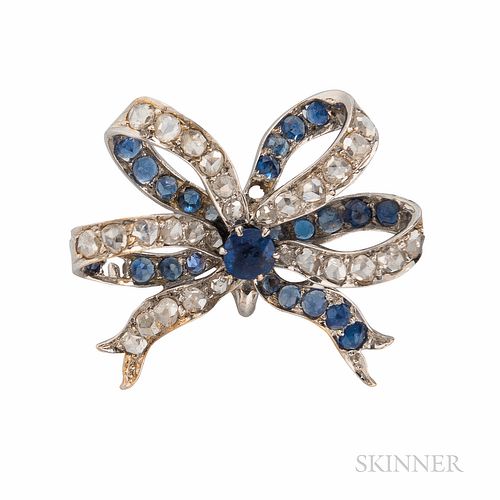 Antique Diamond Bow Brooch, set with rose-cut diamonds, and faceted blue stones, lg. 1 in.