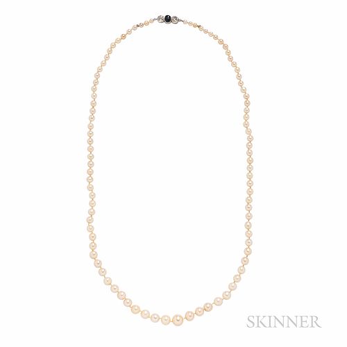 Art Deco Cultured Pearl Necklace, the pearls graduating in size from approx. 3.20 to 8.10 mm, completed by a platinum, sapphire, and ol