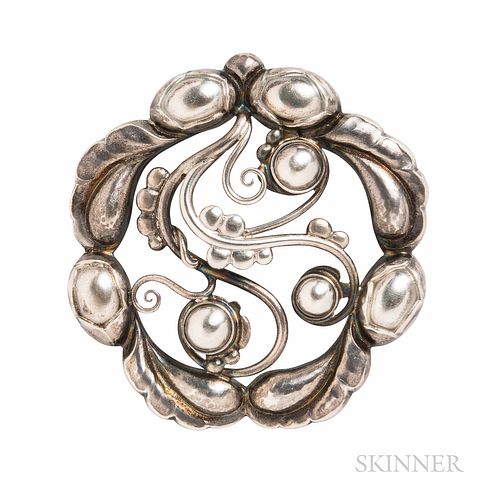Georg Jensen Sterling Silver and "Silver Pearl" Brooch, Denmark, 1933-44 mark, dia. 1 7/8 in., no. 159, signed.