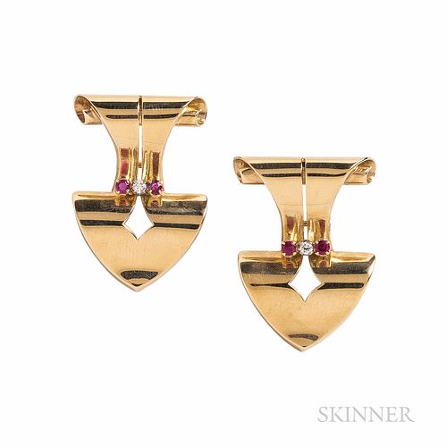 Retro 14kt Gold, Ruby, and Diamond Earrings, set with circular-cut rubies and full-cut diamonds, 10.3 dwt, lg. 1 3/8 in.