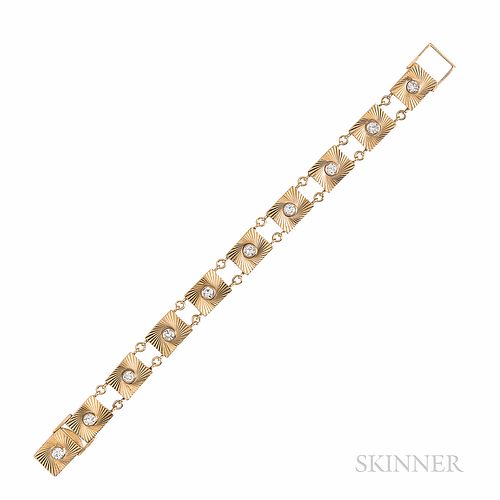 Retro 14kt Gold and Diamond Bracelet, bezel-set with full-cut diamonds, approx. total wt. 1.50 cts., 12.2 dwt, lg. 7 in.