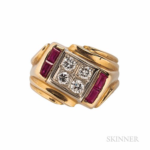 14kt Gold and Diamond Ring, set with full-cut diamonds, approx. total wt. 0.40 cts., red stone accents, 5.4 dwt, size 7 1/2.