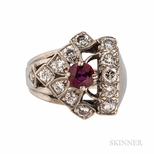 White Gold, Ruby, and Diamond Ring, set with a circular-cut ruby and old European- and full-cut diamonds, approx. total diamond wt. 0.9