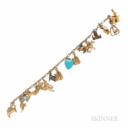 14kt Gold Charm Bracelet, mostly 14kt gold, including magician's top hat with rabbit, wooden shoe, horse riding theme charms, and two h