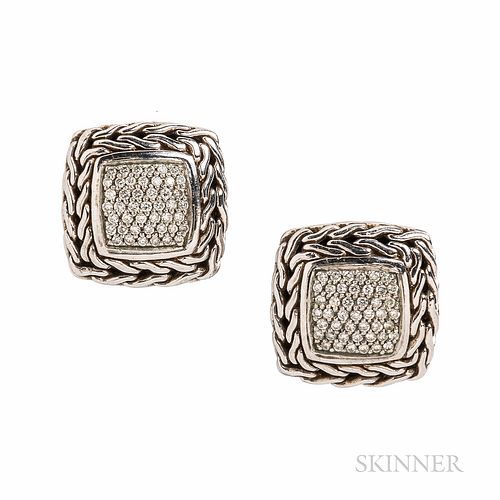 John Hardy Sterling Silver and 18kt Gold "Classic Chain" Earrings, with pave-set diamonds, 11/16 in., signed.