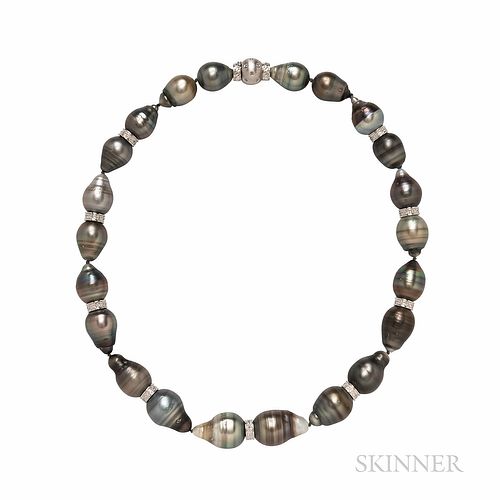 KCJ Baroque Tahitian Pearl Necklace, with 14kt white gold and diamond clasp and rondels, lg. 17 in.
